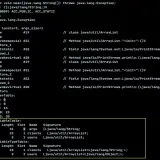 Fragment kodu Javy z tabelą zmiennych lokalnych, gdzie `c# var` jest używane do deklaracji zmiennych.