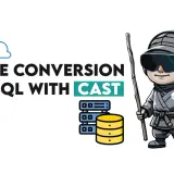 Mistrz ninja z mieczem i kijem uczy konwersji typów w MSSQL z użyciem CAST. Ikony baz danych i chmury SQL.