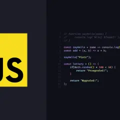 Logo JS obok kodu w języku javascript. Funkcja loterii w javascript case.