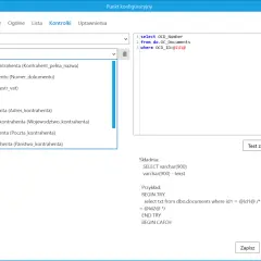 Interfejs programu z listą pól do wyboru, w tym "Pełna nazwa kontrahenta", i fragmentem kodu SQL z c# double question mark (@Id1@).
