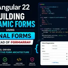 Angular 22: budowanie dynamicznych formularzy z użyciem Signal Forms zamiast FormArray. Kod pokazuje walidację pól.