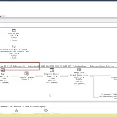 Plan zapytania SQL z operacją MERGE, która aktualizuje lub wstawia dane do tabeli Products na podstawie danych z ProductStaging.