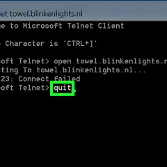 Okno klienta Telnet w systemie Windows, próba połączenia z towel.blinkenlights.nl zakończona niepowodzeniem, wpisano "quit".