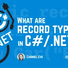 Grafika przedstawia pytanie "What are record types in C#/.NET?". Stylizowany symbol C# przypomina płytę winylową.