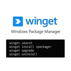 Logo winget i polecenie "winget upgrade all" pokazujące możliwości zarządzania pakietami w systemie Windows.