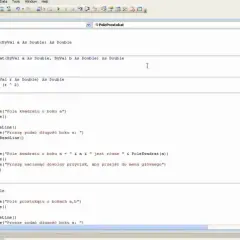 Kod w **Visual Basic** do obliczania pól figur. Widać funkcje dla kwadratu, prostokąta i koła.