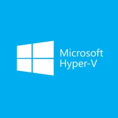 Logo Microsoft Hyper-V na niebieskim tle. Twórz wirtualne okna i światy.