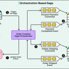 Schemat przedstawia Orchestration-Based Saga. Kolejne kroki: Create Order, Trigger the Saga, Process Payment Command, Payment Completed Event, Initiate Shipping Command, Order Shipped Event, Update Order Status.