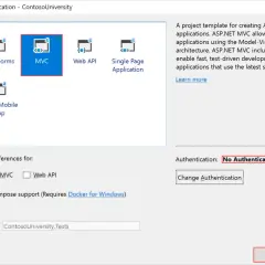 Tworzenie projektu ASP.NET MVC. Wybrano szablon MVC, który jest idealny do tworzenia aplikacji z użyciem Entity Framework Code First.