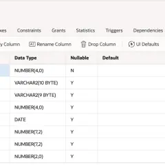 Widok kolumn tabeli EMP w Oracle. Widoczne nazwy kolumn, typy danych i pola dopuszczające wartości NULL.
