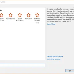Tworzenie nowego projektu dla **Azure Service Fabric**. Wybór szablonu usługi, np. bezstanowej lub stanowej.