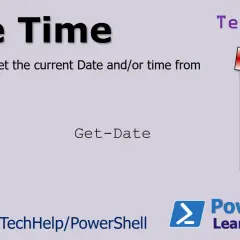 Ikona kalendarza i zegara obok tekstu "Get-Date" na tle grafiki z napisem "Date Time".