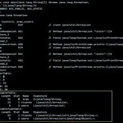 Fragment kodu Javy z tabelą zmiennych lokalnych, gdzie `c# var` jest używane do deklaracji zmiennych.
