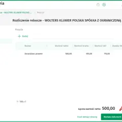 Widok aplikacji "Cyfrowa Kancelaria" z rozliczeniem roboczym. Na ekranie widać pozycje rozliczenia, w tym "Doradztwo prawne" z wartością netto 500,00 i brutto 615,00. W dolnej części ekranu widoczny jest przycisk "Wystaw dokument rozliczenia", który mo...