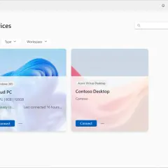 Aplikacja Windows App pokazuje Cloud PC i Contoso Desktop, dostępne przez Microsoft Remote Desktop na Macu.