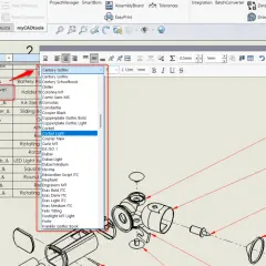 Tabela z częściami, gdzie widać listę czcionek, np. "Corbel Light". W tle rysunek techniczny, przypominający schemat części, z numeracją, jak w auto increment SQL.