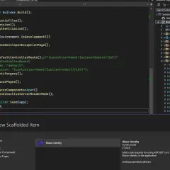 Kod C# w Visual Studio, gdzie widać konfigurację aplikacji Blazor vs Razor Pages. Dodawanie Blazor Identity.