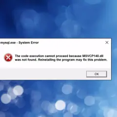 Błąd systemu mysql.exe: brak pliku MSVCP140.dll, który jest częścią biblioteki Microsoft Visual C++ Runtime Library.