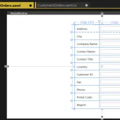 Widok projektanta XAML z listą "Data Sources" po lewej, zawierającą dane klienta, oraz obszarem projektowania okna z polami tekstowymi dla adresu, miasta, nazwy firmy i innych danych. Widoczny jest element wpf datagrid.