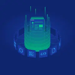 Abstrakcyjny koncept wizualizujący rozwój wpf application. Wokół centralnego, zielonego rdzenia, symbolizującego kod, krążą ikony reprezentujące różne etapy tworzenia oprogramowania.