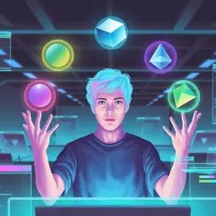 Młody programista z niebieskimi włosami żongluje symbolami kryptowalut, otoczony ekranami z kodem. To dowód na solidne programowanie.