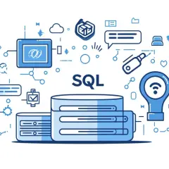 Baza danych SQL z ikonami symbolizującymi połączenie i aktualizację danych.