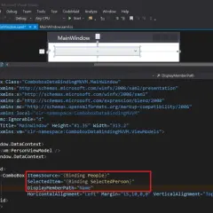Kod XAML z Visual Studio, pokazujący konfigurację combobox wpf z powiązaniem danych do listy "People" i wyświetlaniem właściwości "Name".