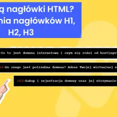 Kobieta wskazuje na nagłówki HTML: H1, H2, H3. Wyjaśnia hierarchię i zastosowanie nagłówków, np. do opisu domeny.