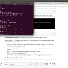 Błąd "ng command not found" w terminalu, po próbie uruchomienia ng -v. Widać też komunikaty npm i fragment dyskusji o rozwiązaniu problemu.