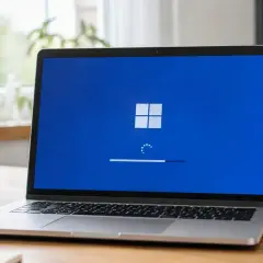 Laptop z niebieskim ekranem i logo Windows, postęp aktualizacji. Czekam na wsl update.