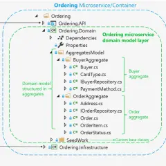 Diagram przedstawia strukturę warstwy domenowej mikrousługi Ordering, z podziałem na agregaty Buyer i Order, kluczowe dla ddd programowanie.