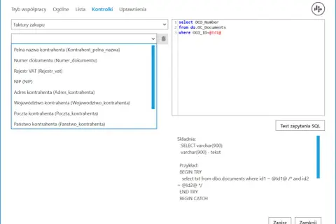 Interfejs programu z listą pól do wyboru, w tym "Pełna nazwa kontrahenta", i fragmentem kodu SQL z c# double question mark (@Id1@).