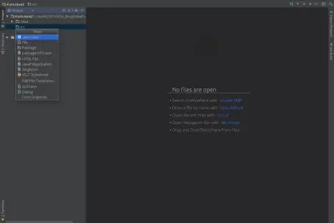 Menu kontekstowe w IntelliJ IDEA, gdzie można wybrać "Java Class" do stworzenia nowej klasy.