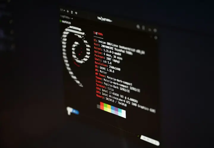 Ekran z informacjami o systemie **Microsoft** **Linux** (Debian), w tym wersja jądra, czas pracy i specyfikacja sprzętu.