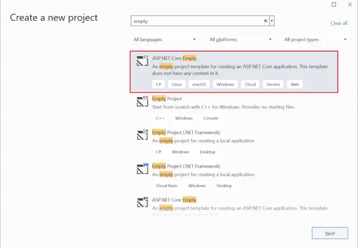 Szablon ASP.NET Core Empty do tworzenia aplikacji webowych. Idealny do rozpoczęcia projektu z minimal api.