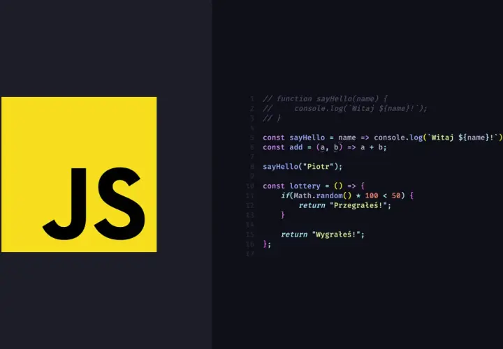 Logo JS obok kodu w języku javascript. Funkcja loterii w javascript case.