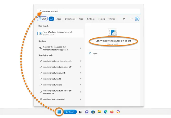 Wyszukiwanie funkcji Windows w systemie Windows 11. Wpisano "windows features", a system sugeruje "Turn Windows features on or off".