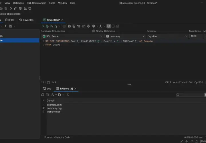 SQL Server: zapytanie z funkcją mssql substring do wyodrębnienia domeny z adresu email.