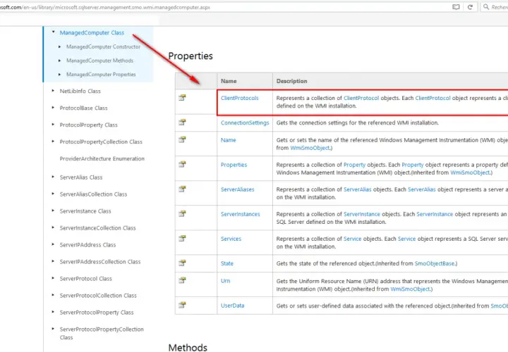 Strona dokumentacji Microsoft SQL Server, pokazująca właściwość ClientProtocols dla klasy ManagedComputer, która reprezentuje protokoły klienta używane przez sql native client.