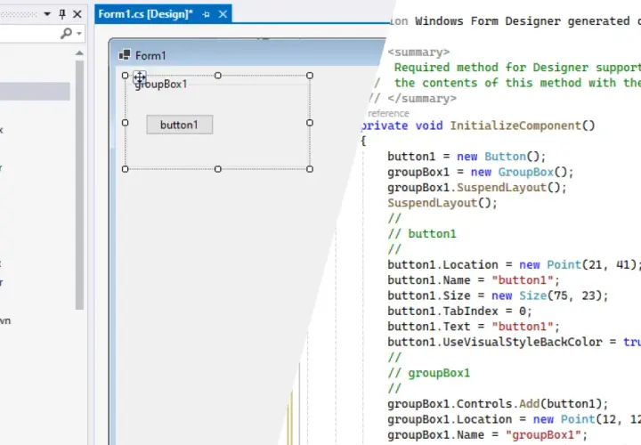 Widok projektanta w Visual Studio, gdzie dodawany jest przycisk do grupy kontrolek w ramach tworzenia aplikacji z użyciem **WinUI 3**.