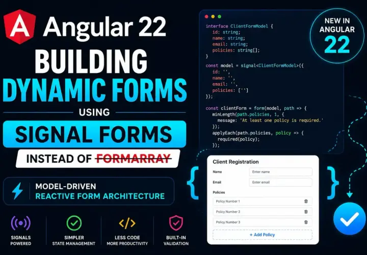 Angular 22: budowanie dynamicznych formularzy z użyciem Signal Forms zamiast FormArray. Kod pokazuje walidację pól.