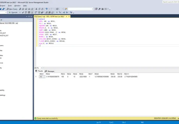 SQL Server Management Studio z zapytaniem SQL, które używa funkcji matematycznych, np. SQRT, ROUND, CEILING, FLOOR, EXP.