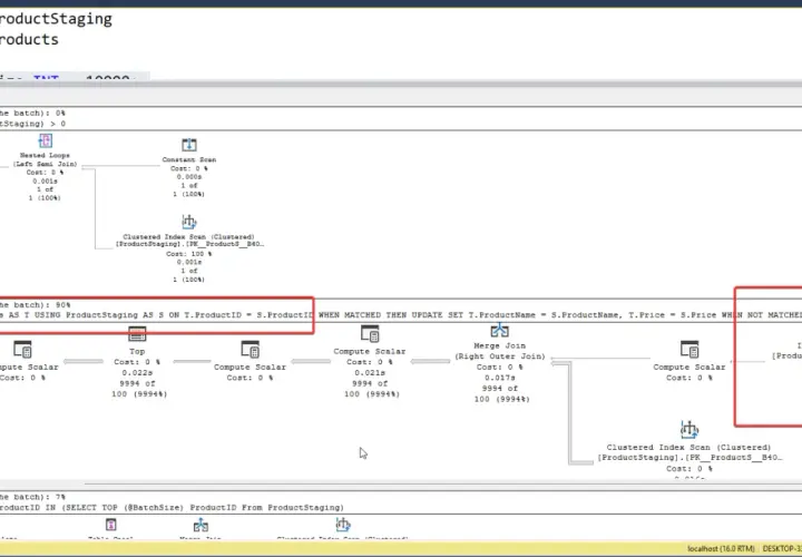 Plan zapytania SQL z operacją MERGE, która aktualizuje lub wstawia dane do tabeli Products na podstawie danych z ProductStaging.