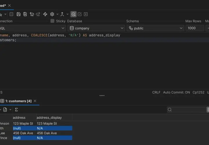 Zapytanie SQL w PostgreSQL używa COALESCE do wyświetlania 'N/A' zamiast pustych adresów.