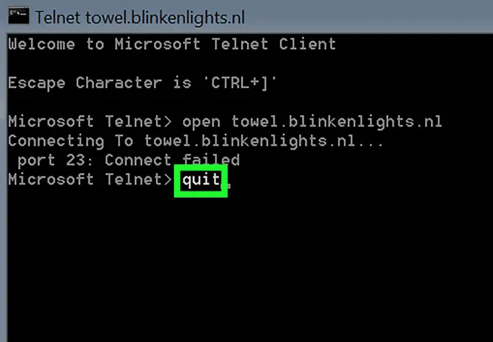 Okno klienta Telnet w systemie Windows, próba połączenia z towel.blinkenlights.nl zakończona niepowodzeniem, wpisano "quit".