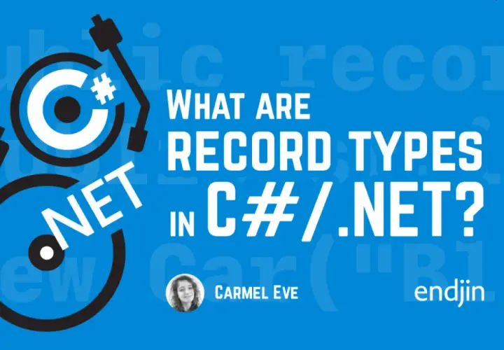 Grafika przedstawia pytanie "What are record types in C#/.NET?". Stylizowany symbol C# przypomina płytę winylową.