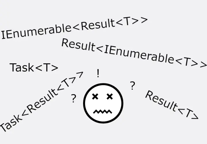 Programista C# zagubiony w zagnieżdżonych typach, jak `IEnumerable<Result<T>>` czy `Task<Result<T>>`.