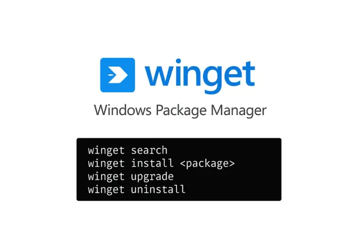 Logo winget i polecenie "winget upgrade all" pokazujące możliwości zarządzania pakietami w systemie Windows.