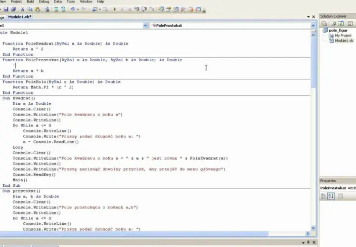 Kod w **Visual Basic** do obliczania pól figur. Widać funkcje dla kwadratu, prostokąta i koła.