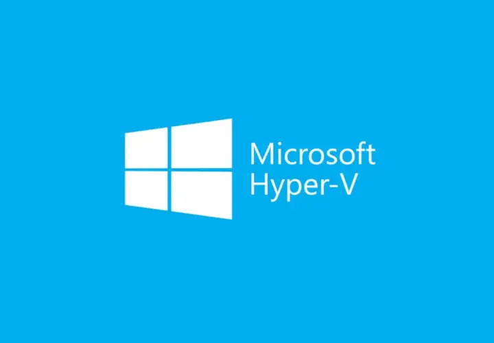 Logo Microsoft Hyper-V na niebieskim tle. Twórz wirtualne okna i światy.
